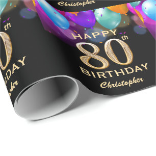 Papier Cadeau 80e fête d'anniversaire Ballons noirs et or