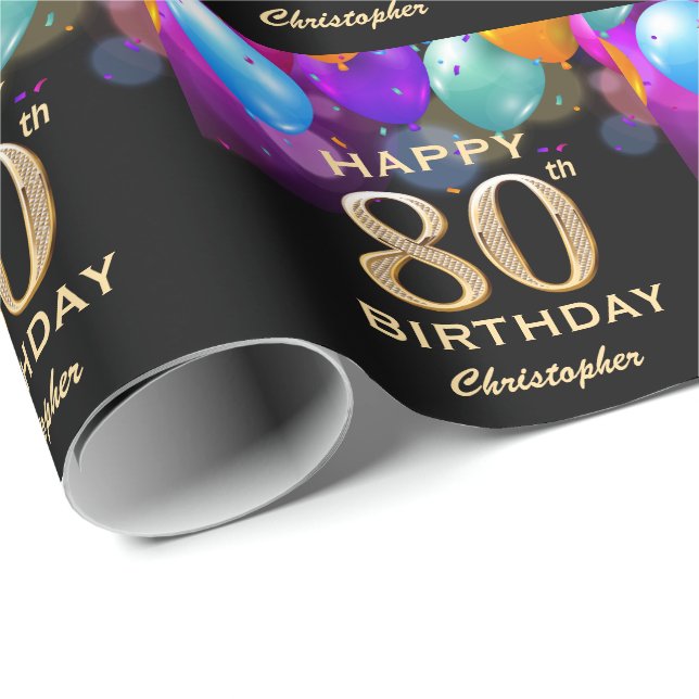 Papier Cadeau 80e fête d'anniversaire Ballons noirs et or (Coin rond)