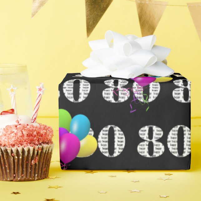 Papier Cadeau 80e Joyeux Ballons d'Anniversaire Sur Noir (Fête d'anniversaire)