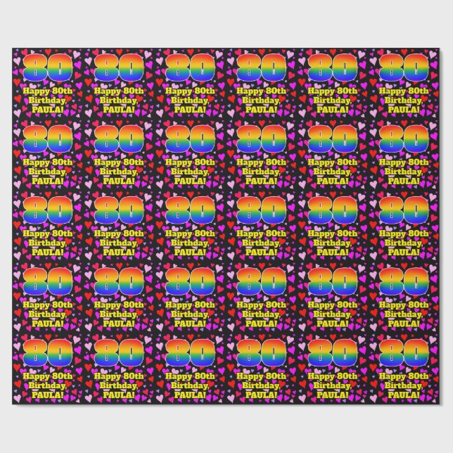 Papier Cadeau 80th Birthday: Loving Hearts Pattern, Rainbow # 80 (Plat)