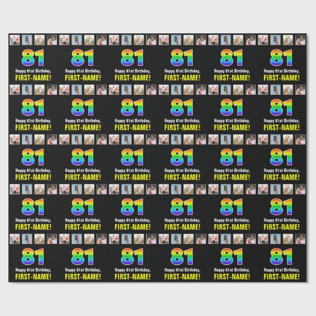 Papier Cadeau 81e anniversaire : Arc-en-ciel "81"; photos et nom (Plat)