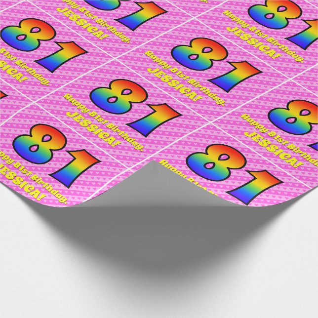 Papier Cadeau 81e anniversaire : Pink Stripes & Hearts, Arc en c (Coin)