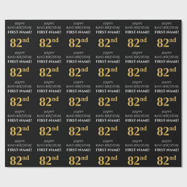 Papier Cadeau 82e anniversaire : Elégant, Noir, Faux Gold Look (Plat)