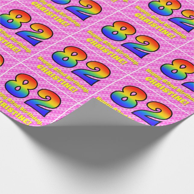 Papier Cadeau 82e anniversaire : Pink Stripes & Hearts, Arc en c (Coin)