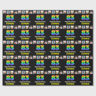 Papier Cadeau 83e anniversaire : Arc-en-ciel "83"; photos et nom