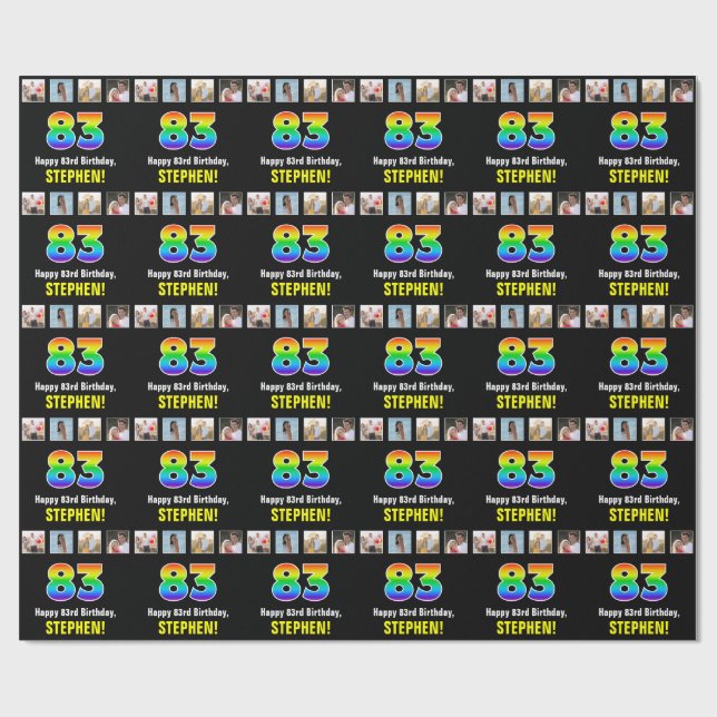 Papier Cadeau 83e anniversaire : Arc-en-ciel "83"; photos et nom (Plat)
