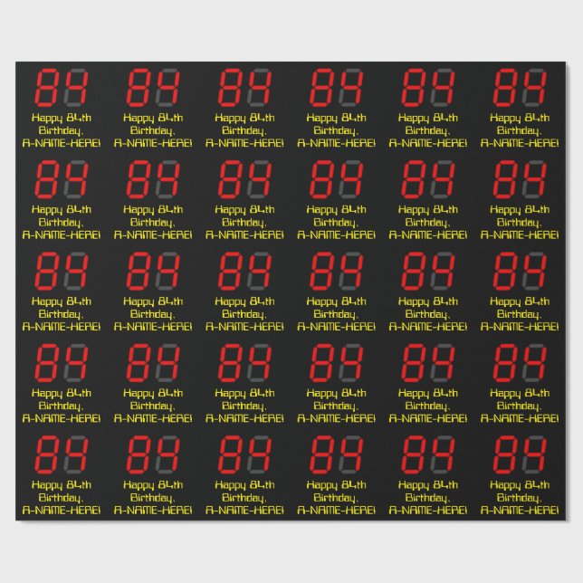 Papier Cadeau 84ème anniversaire : Rouge Digital Horloge Style " (Plat)