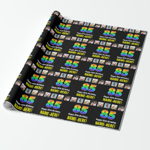 Papier Cadeau 85e anniversaire : Arc-en-ciel "85"; photos et nom