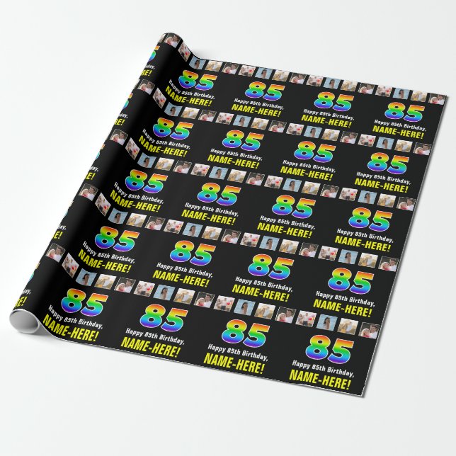 Papier Cadeau 85e anniversaire : Arc-en-ciel "85"; photos et nom (Déroulé)