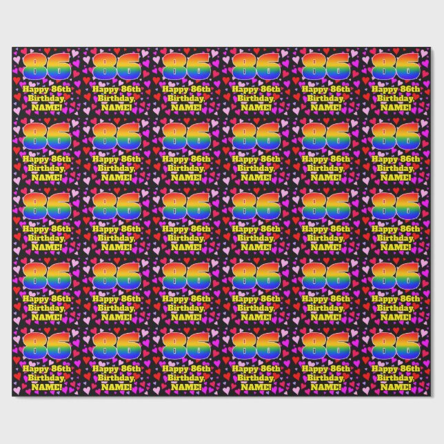 Papier Cadeau 86e anniversaire : Amour Hearts Motif, Arc en ciel (Plat)