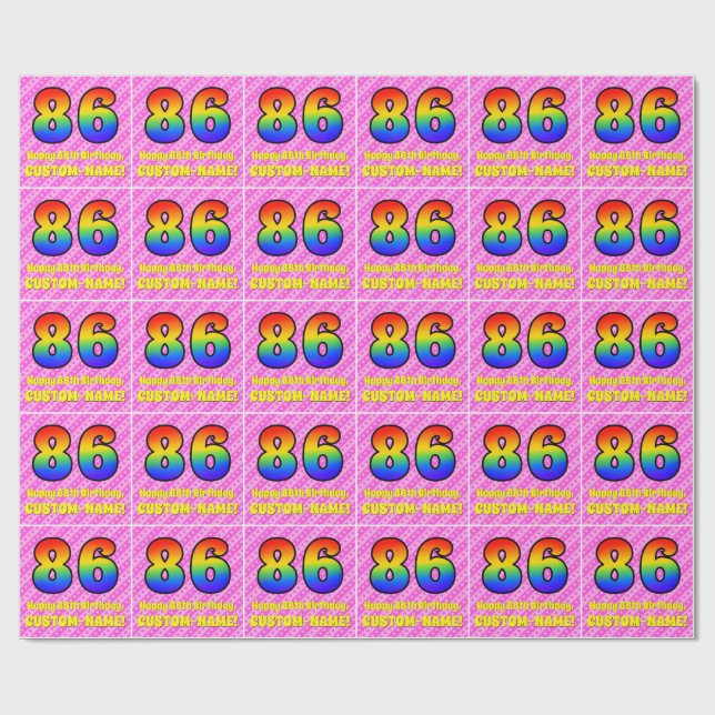 Papier Cadeau 86e anniversaire : Pink Stripes & Hearts, Arc en c (Plat)