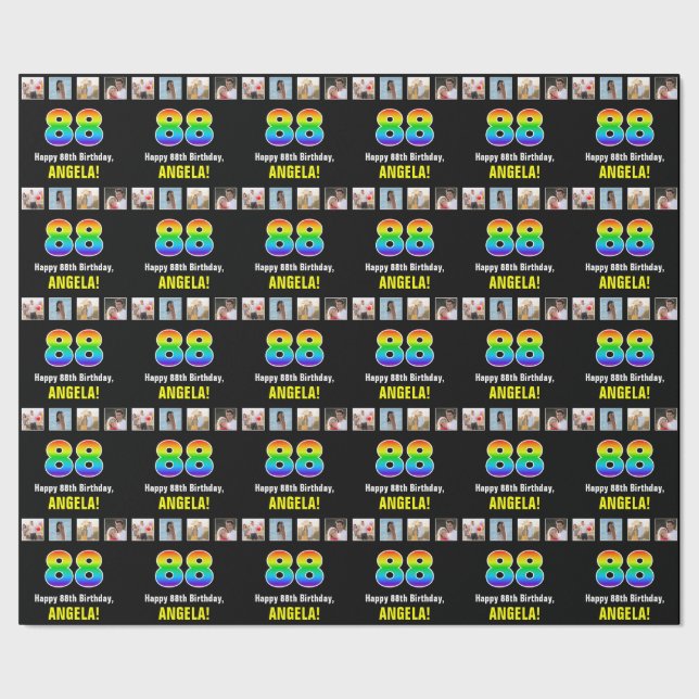 Papier Cadeau 88e anniversaire : Arc-en-ciel "88"; photos et nom (Couture)