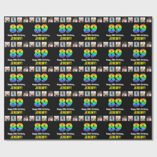 Papier Cadeau 89e anniversaire : Arc-en-ciel "89"; photos et nom
