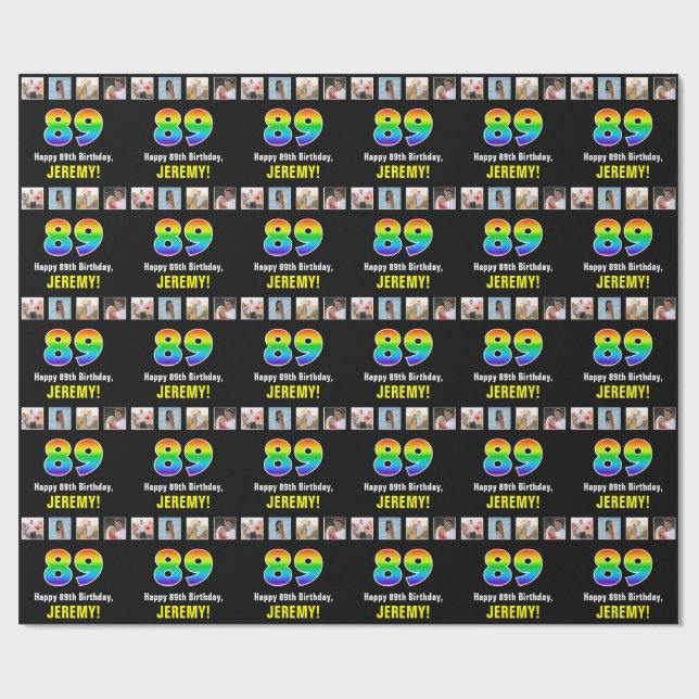 Papier Cadeau 89e anniversaire : Arc-en-ciel "89"; photos et nom (Plat)