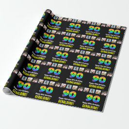 Papier Cadeau 90e anniversaire : Arc-en-ciel "90"; photos et nom