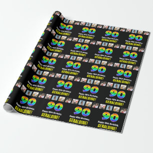 Papier Cadeau 90e anniversaire : Arc-en-ciel "90"; photos et nom