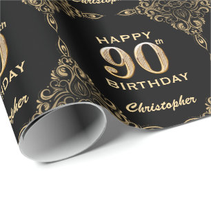 Papier Cadeau 90e anniversaire Black and Gold Parties scintillan