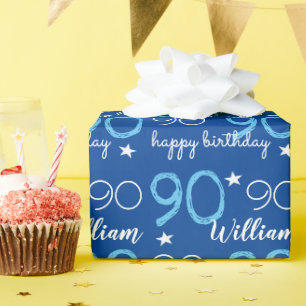 Papier Cadeau 90e anniversaire bleu Personnalisé