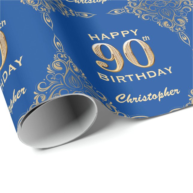 Papier Cadeau 90e anniversaire Cadre Parties scintillant bleu et (Coin rond)