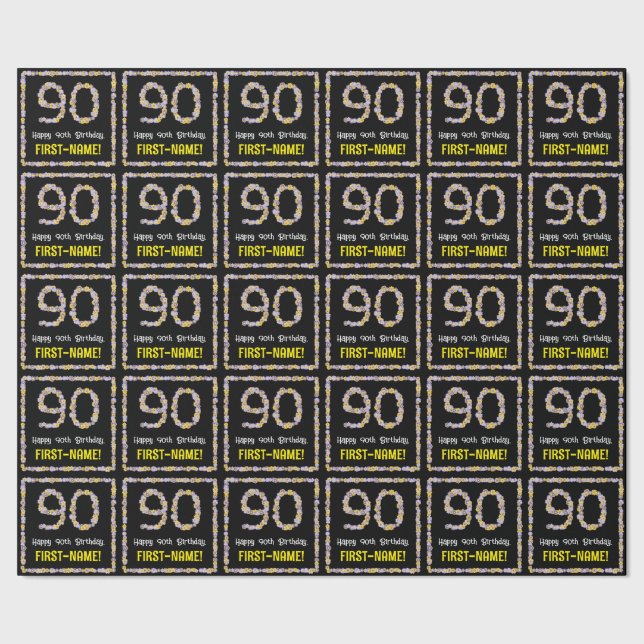 Papier Cadeau 90e anniversaire : Floral Flowers Numéro, Nom pers (Couture)