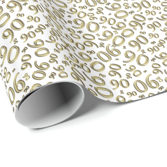 Papier Cadeau 90e anniversaire Gold & White Random Number Motif (Coin rond)