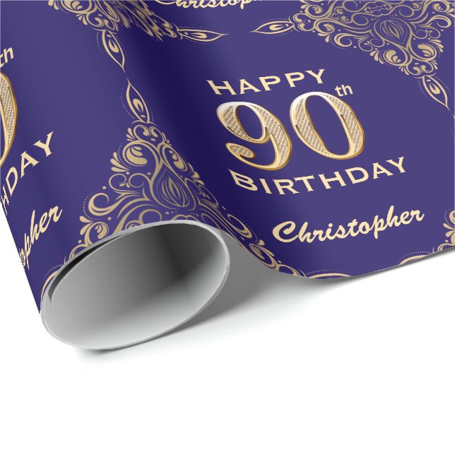 Papier Cadeau 90e anniversaire Marine Parties scintillant bleu e (Coin rond)