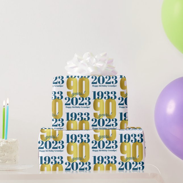 Papier Cadeau 90e Anniversaire Papier d'enveloppement bleu or (Cadeaux de fête)