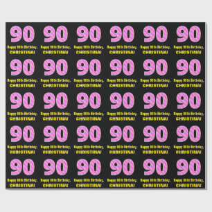Papier Cadeau 90e anniversaire : Pink Stripes and Hearts "90" +