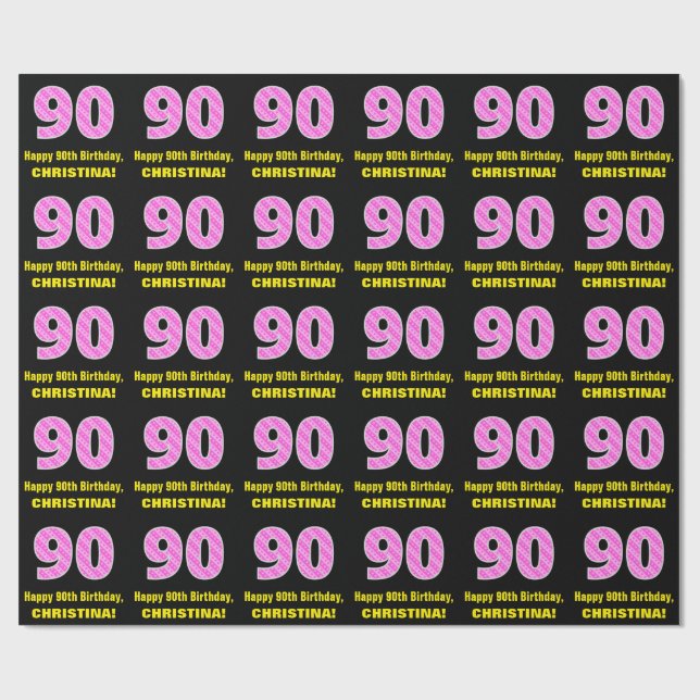 Papier Cadeau 90e anniversaire : Pink Stripes and Hearts "90" +  (Plat)