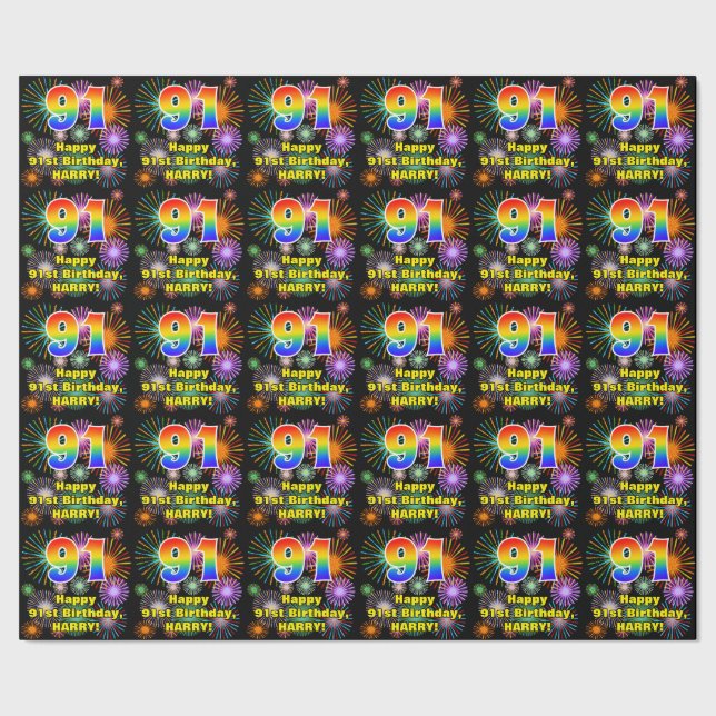 Papier Cadeau 91e anniversaire : Fun Fireworks, Rainbow Look #91 (Couture)