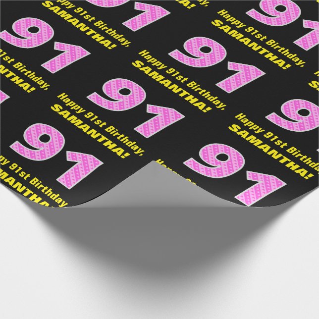 Papier Cadeau 91e anniversaire : Pink Stripes and Hearts "91" +  (Coin)