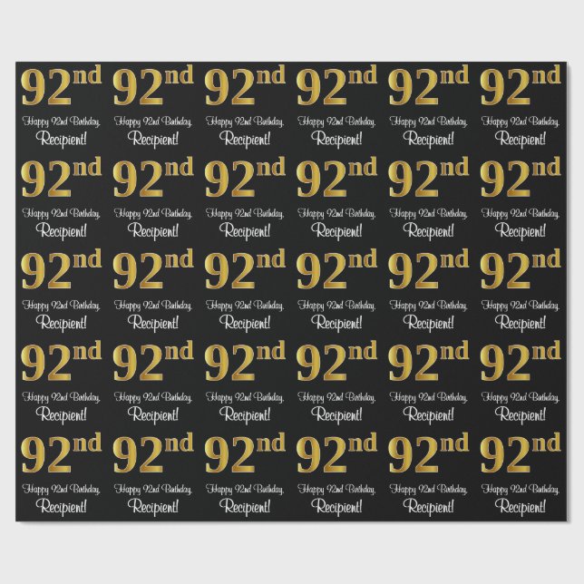 Papier Cadeau 92e anniversaire : Elégant luxe Faux Gold Look # (Plat)
