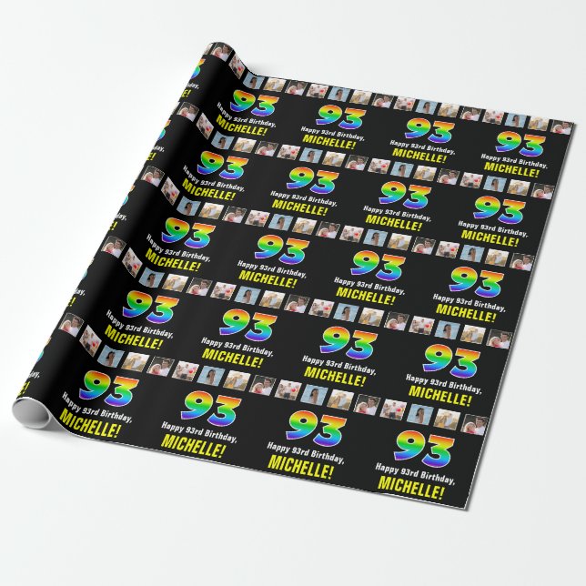 Papier Cadeau 93e anniversaire : Arc-en-ciel "93"; photos et nom (Déroulé)