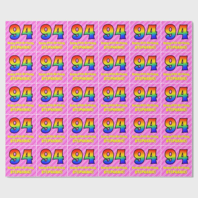 Papier Cadeau 94e anniversaire : Pink Stripes & Hearts, Arc en c (Plat)