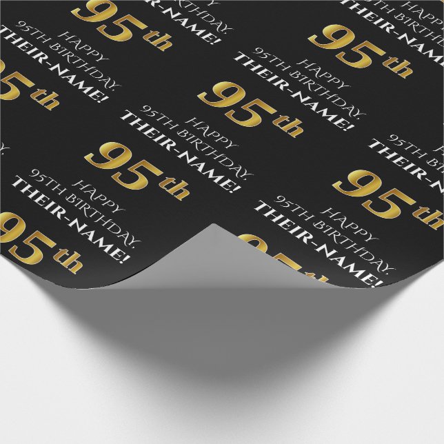 Papier Cadeau 95e anniversaire : Elégant, Noir, Faux Gold Look (Coin)