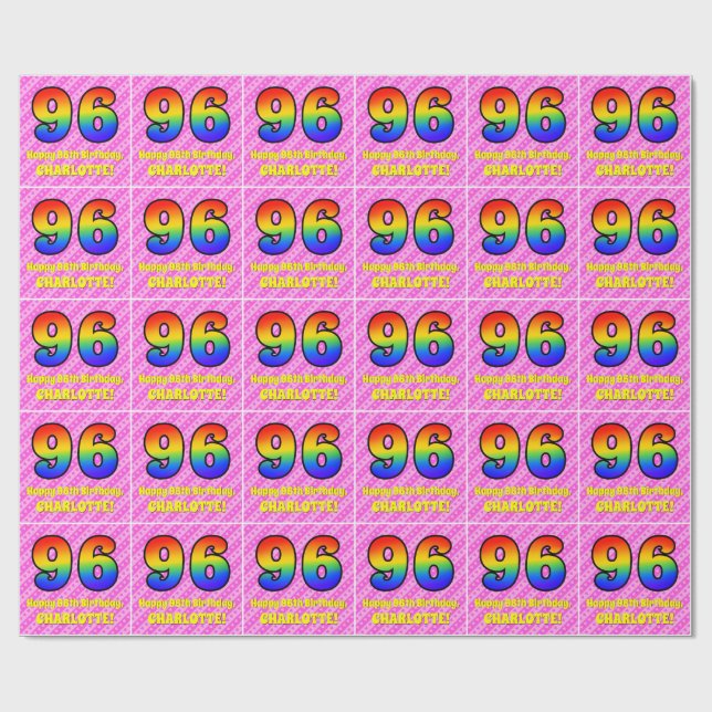Papier Cadeau 96e anniversaire : Pink Stripes & Hearts, Arc-en-c (Plat)