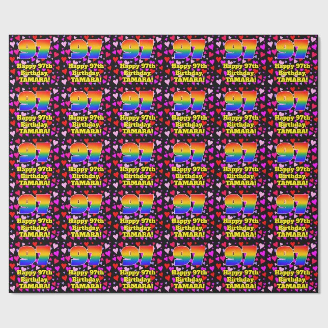 Papier Cadeau 97e anniversaire : Amour Hearts Motif, Arc-en-ciel (Plat)