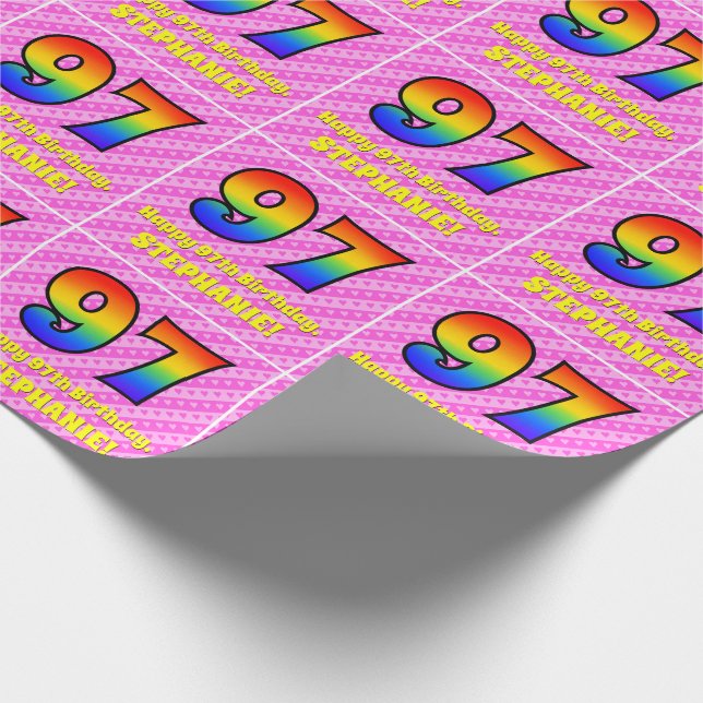 Papier Cadeau 97e anniversaire : Pink Stripes & Hearts, Arc en c (Coin)