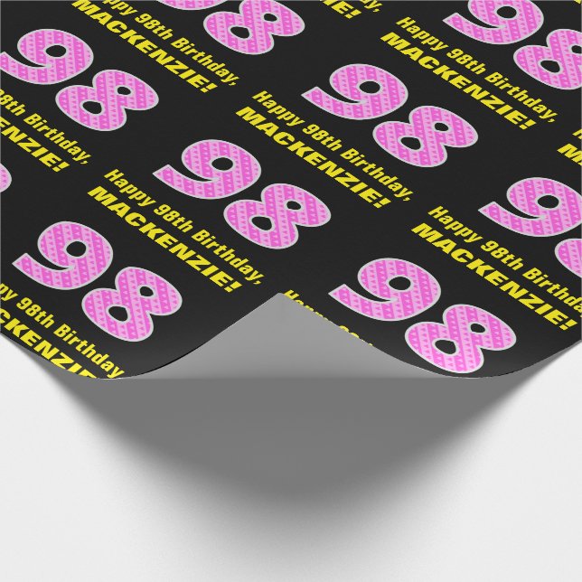 Papier Cadeau 98e anniversaire : Pink Stripes and Hearts "98" +  (Coin)