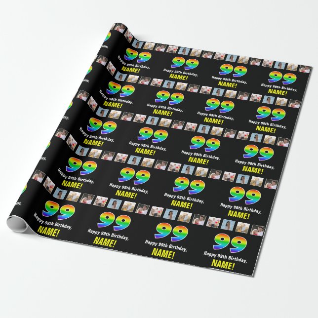 Papier Cadeau 99e anniversaire : Arc-en-ciel "99"; photos et nom (Déroulé)