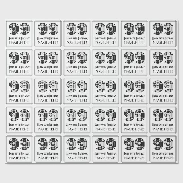 Papier Cadeau 99e anniversaire : Art Déco Style inspiré "99" + N (Plat)