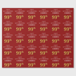 Papier Cadeau 99e anniversaire : Elégant, Rouge, Faux Gold Look