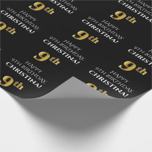 Papier Cadeau 9e anniversaire : Elégant, Noir, Faux Gold Look