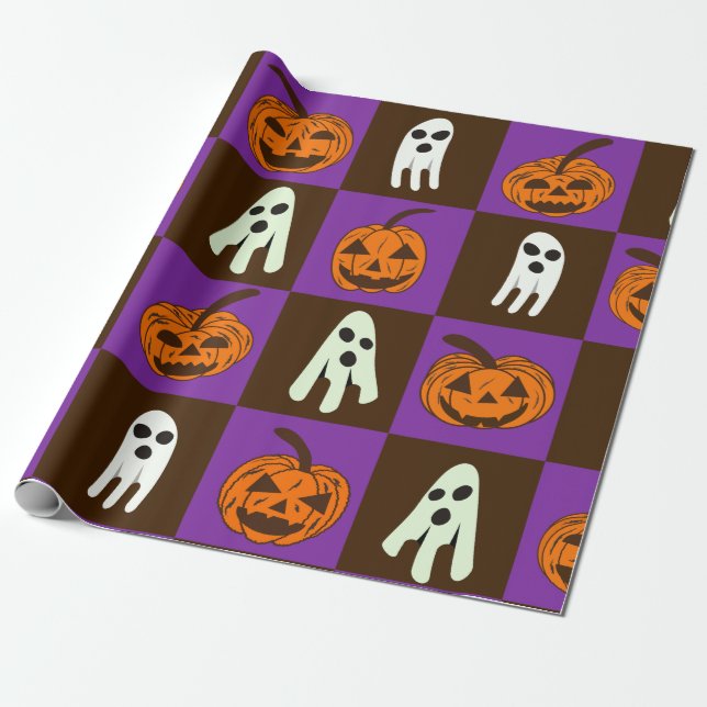 Papier Cadeau à damiers Éffrayants Citrouilles d'Halloween et Fa (Déroulé)