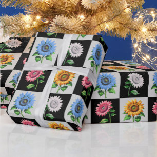 Papier Cadeau à damiers Flore de tournesol multicolore