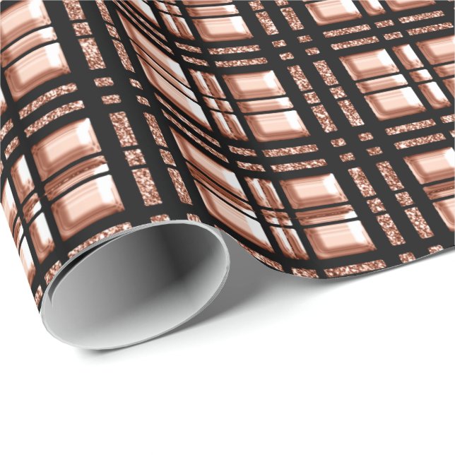 Papier Cadeau à damiers Géométrie grillée Rose Or Cuivre noir (Coin rond)