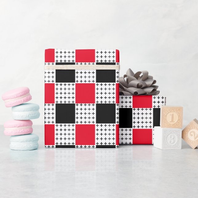 Papier Cadeau À damiers moderne rouge et noir élégant (Baby Shower)