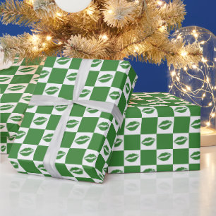 Papier Cadeau à damiers Motif de trèfle à lèvres vert et blanc