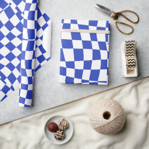 Papier Cadeau à damiers ondulé bleu côtier super rétro