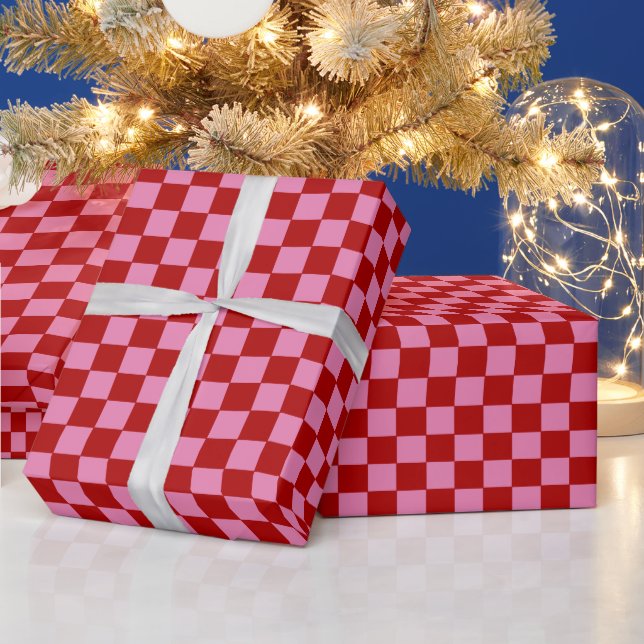 Papier Cadeau à damiers rouge et rose chaud (Vacances)